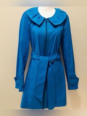 Kristin Davis Sz S Cobalt Blue Ruffle Collar Belted Trench Jacket Coquette Prep